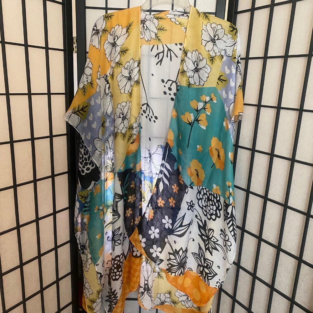 Brand New One Size fits most Kimono yellow, white, black, teal with flowers